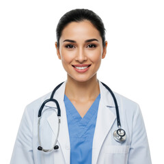 Smiling young woman doctor wearing blue scrubs and white lab coat with stethoscope isolated on transparent background
