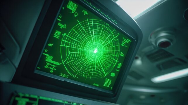 Radar Screen Displaying Green Scanning Grid in Control Room for Navigation and Surveillance