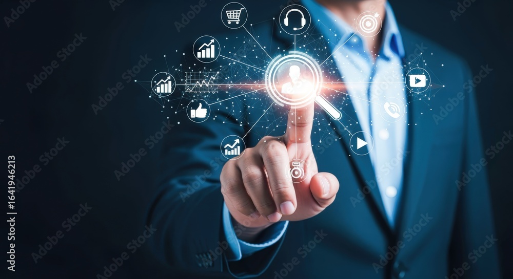 Aufkleber businessman interacting with a digital customer avatar interface representing target audience segmen