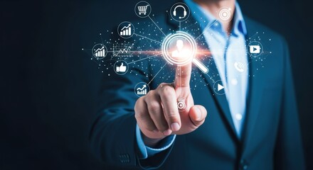 Businessman Interacting with a Digital Customer Avatar Interface Representing Target Audience Segmentation and Customer Journey Mapping