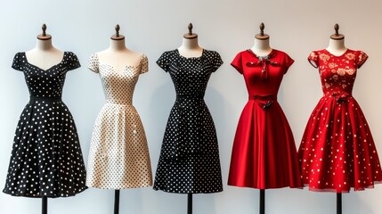 Six cute, retro pinup dresses on a mannequin.  The collection includes short and long black, red, and white polka dot dresses.

