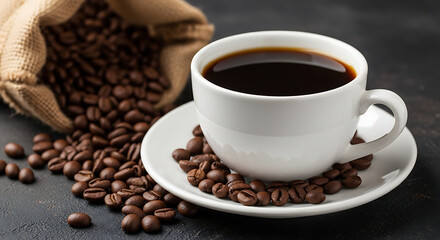 Aromatic hot black coffee in a white ceramic cup with freshly roasted coffee beans spilling from a burlap sack on a dark surface.