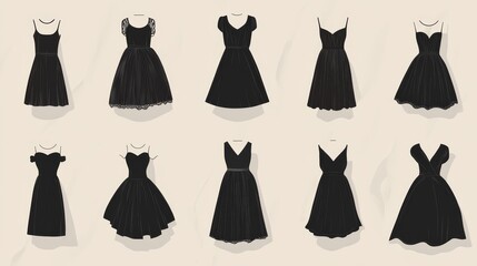 Simple black dress icons for women's fashion.  Includes vintage dresses, a wedding dress, and other styles.  Perfect for fashion websites or shopping apps.
