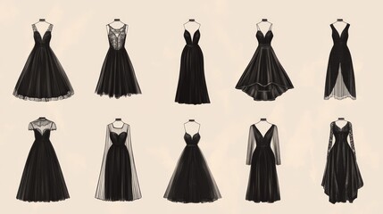 Simple black dress icons for women's fashion.  Includes vintage dresses, a wedding dress, and other styles.  Perfect for fashion websites or shopping apps.
