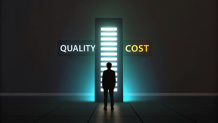 Obraz premium Ai generated image of silhouette of person standing before the choice between quality and cost