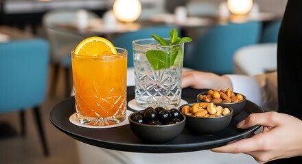 A server presents a tray with vibrant cocktails and savory snacks for an aperitif at a luxury bar lounge.
