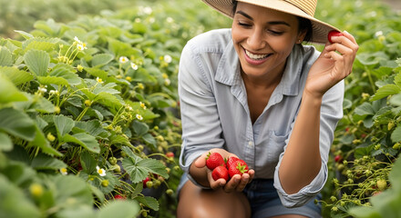 Happy woman harvesting fresh ripe strawberries in a lush green farm during daytime enjoying outdoor gardening activity and healthy eating lifestyle