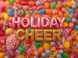 Holiday cheer text surrounded by colorful candies candy sweets