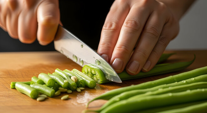 Close-up of hands chopping fresh green celery stalks on wooden cutting board with a sharp knife in a kitchen setting for healthy cooking and food preparation