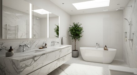 Fototapeta premium Scenic modern luxury bathroom with marble countertop, large mirrors, and natural light from skylight, featuring a potted plant and elegant fixtures.