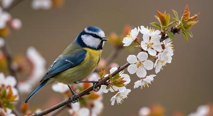 Fototapeta premium A Blue tit (Cyanistes caeruleus) resting on a blooming tree branch
