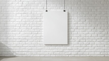 Blank Poster Mockup Hanging on White Brick Wall, Ideal for Art, Presentations and Design Advertising