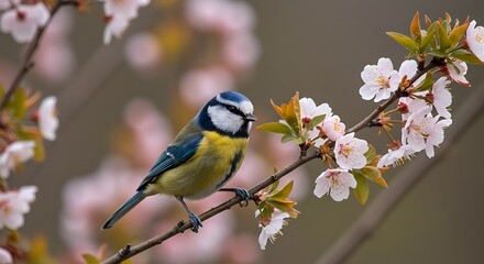 Obraz premium Scenic a blue tit (cyanistes caeruleus) resting on a blooming tree branch