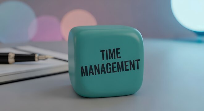 Time Management Cube on Desk with Pen and Notepad Close-up