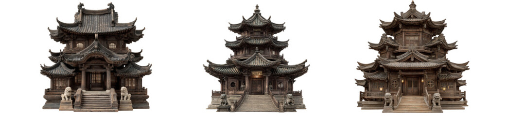 Fototapeta premium Three traditional asian temples isolated on transparent background
