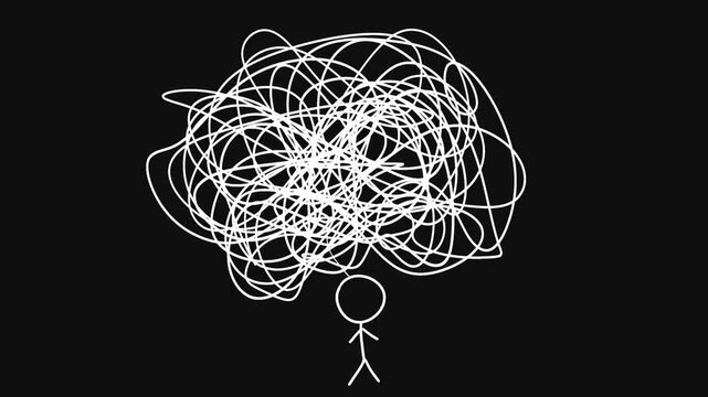 Tangle and unraveling thread hand drawn loop animation. Concept of psychotherapy, mental health, chaos and mess. Looped animation on black background. Problem solution symbol