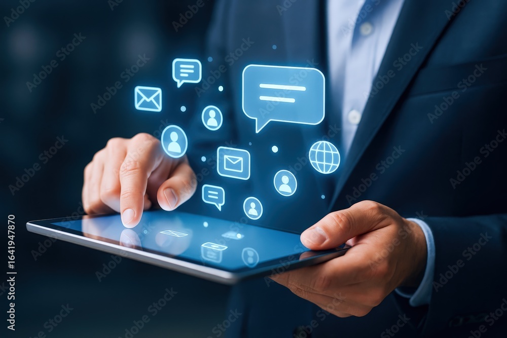 Poster business professional using tablet for digital communication and networking with floating icons, ill
