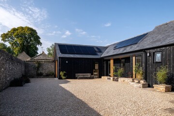 Modern sustainable architecture showcases a black wooden building with solar panels in a serene courtyard setting during daytime, surrounded by natural greenery and stone walls
