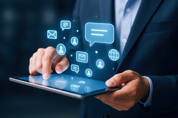 Business Professional Using Tablet for Digital Communication and Networking with Floating Icons, Illustrating Connectivity