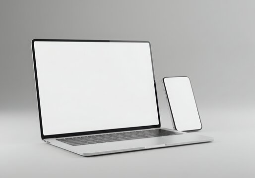 Modern laptop and smartphone with blank screens, isolated on white background, for technology or business presentation