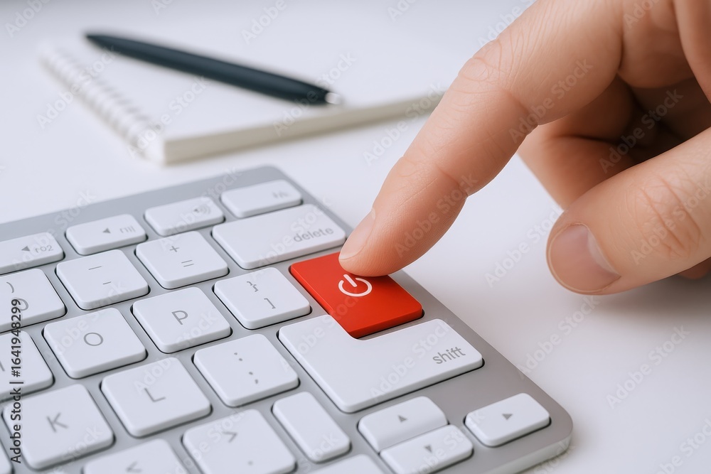 Poster finger activating power button on keyboard with notebook and pen in background, symbolizing activati