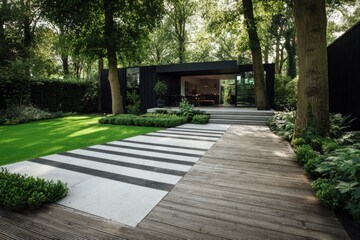 A contemporary garden landscape featuring sleek architectural designs and vibrant greenery creates a tranquil outdoor haven, bathed in the light of daytime