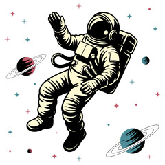 Vintage Astronaut Floating in Space Vector Illustration