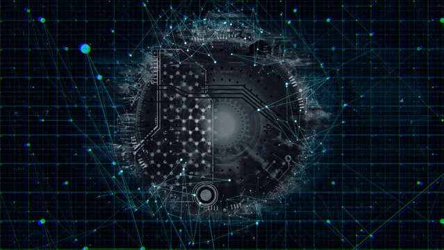 Futuristic circuit board globe with connecting digital lines on an abstract dark technology background, artificial intelligence concept.