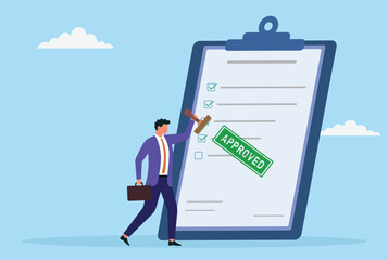 Vector illustration of a businessman stamping a large document with ‘approved,’ symbolizing formal authorization, business success, and official validation in a corporate setting
