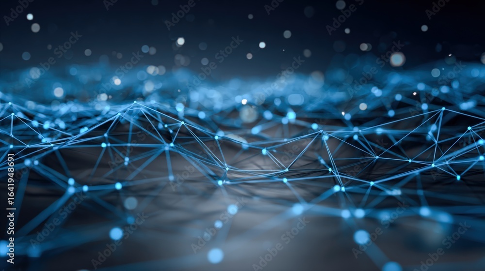 Poster abstract network connection background with blue glowing dots and lines, representing digital data f