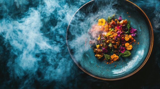 A vibrant dish garnished with edible flowers, smoke, and spices, showcasing culinary artistry.