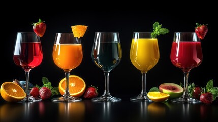 Colorful fruit juices in glasses on black background.  Possible use stock photo for beverage advertisement