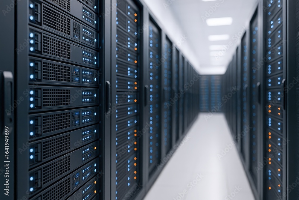 Aufkleber data center servers in a technology room for cloud computing and it infrastructure