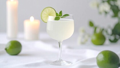 Crystal Glass of Sparkling Elderflower Mocktail with Lime and Mint – Ultra Detailed 8K Photorealistic Drink Photography