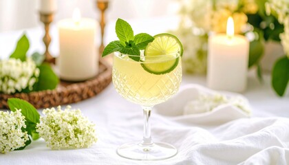 Crystal Glass of Sparkling Elderflower Mocktail with Lime and Mint &ndash; Ultra Detailed 8K Photorealistic Drink Photography