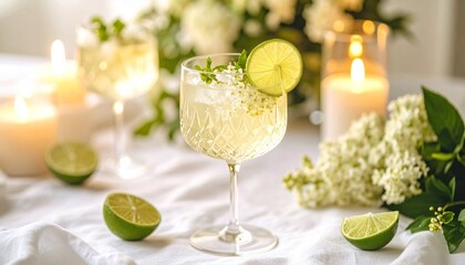 Fototapeta premium Crystal Glass of Sparkling Elderflower Mocktail with Lime and Mint – Ultra Detailed 8K Photorealistic Drink Photography