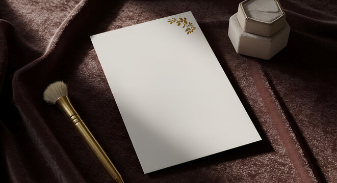 Elegant wedding program mockup with gold foil accents on soft fabric background, showcasing timeless sophistication and refined design