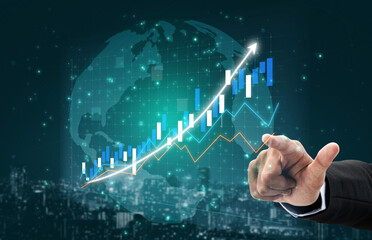 A business professional points at a rising graph symbolizing growth and investment opportunities, set against a global backdrop, inspiring success. Impute