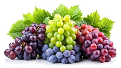 Obraz premium Three bunches of fresh grapes in various colors with green leaves