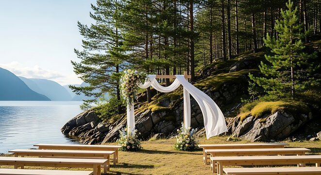 Outdoor Wedding Ceremony Setup with Floral Arch on Lake Shore