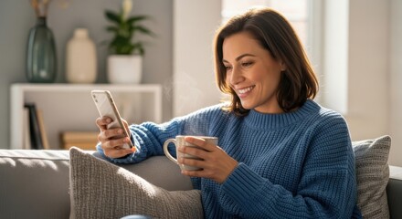 Woman enjoys a hot drink while browsing her phone on a cozy couch