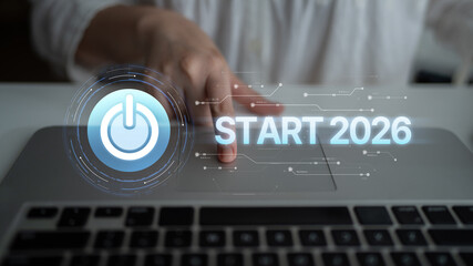 Start 2025 concept with futuristic power button symbolizing fresh beginnings, innovation, and digital transformation. Start 2025, new goals, and start 2025 initiative. Spline