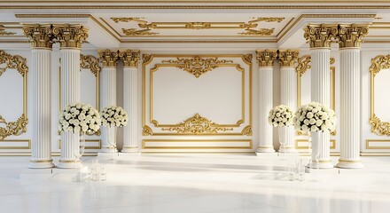 Luxurious Ballroom Interior with White and Gold Decor and Floral Arrangements