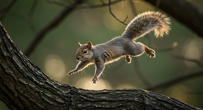 One closeup shot of an adorable grey squirrel (Sciurus carolinensis) jumping on the tree
