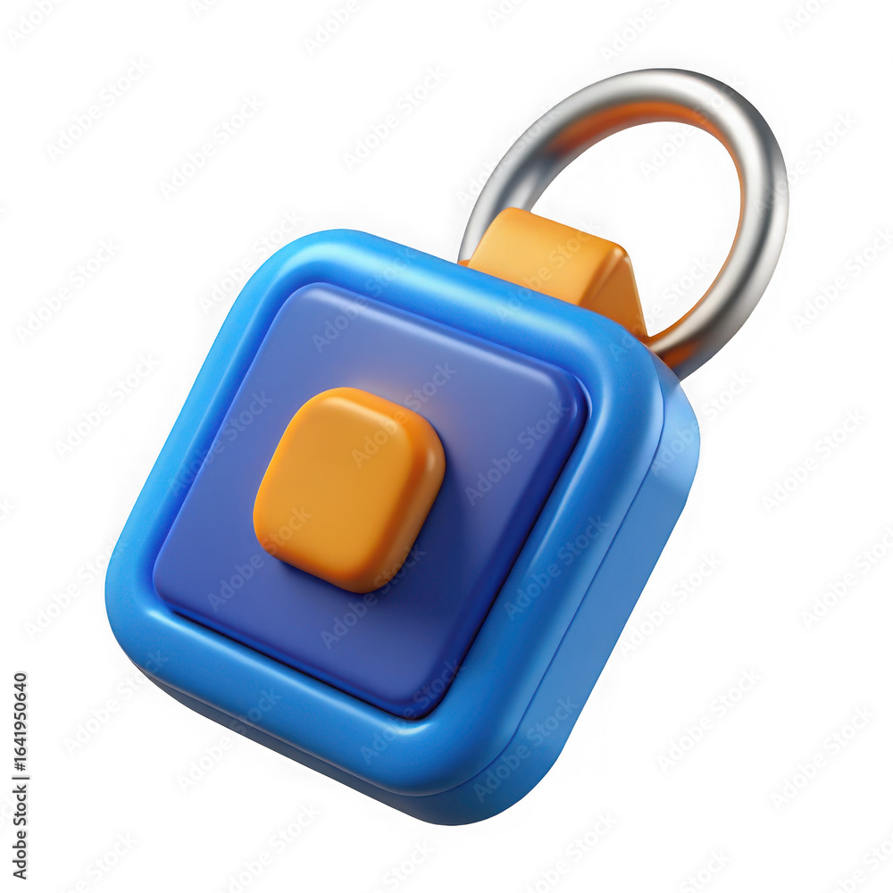 Poster 3d blue square padlock with yellow button isolated on transparent background