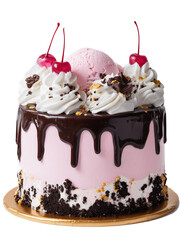 Chocolate drip cake with pink frosting, cherries, and ice cream