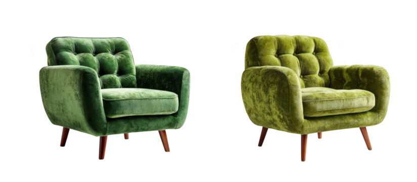 Two green velvet tufted armchairs isolated on transparent background, modern retro furniture for living room decor