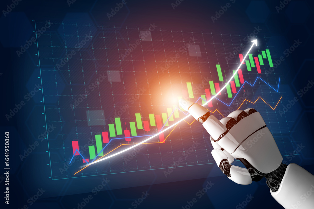 Poster a futuristic robotic hand interacts with a stock chart displaying upward trends and data analysis gr