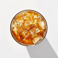 Overhead view of amber iced tea in a clear glass with ice cubes amber liquid refreshing