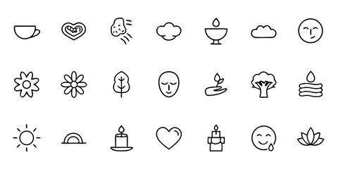 Fototapeta premium Mental Wellness & Life Balance Outline Icon Set — Mindfulness, Emotional Growth, and Self-Care Vector Illustrations for Health, Coaching, and Lifestyle Design
